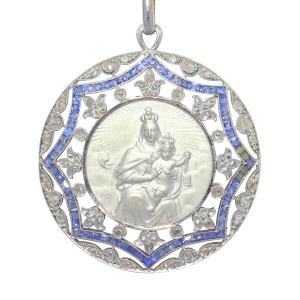 Vintage 1920 s Edwardian - Art Deco diamond and sapphire medal Mother Mary and baby Jesus